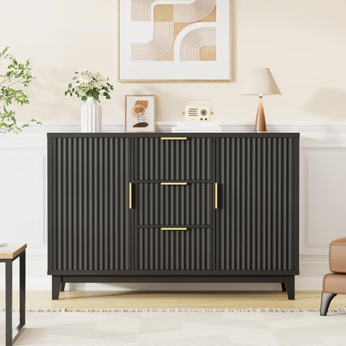 47.2" W Storage Cabinet with 3 Drawers, Fluted Buffet Cabinet with Storage, Large Sideboard with 2 Door, Modern Mid Century TV Stand Coffee Bar Cabinets for Living Room, Kitchen, Entryway