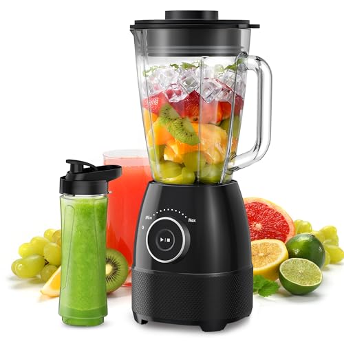 Batidora de Vaso, 1500W Batidora Smoothies, Vaso Batidora con Jarra de Vidrio 1,5L y Botella Tritan 600ml sin BPA, Velocidad Ajustable y Cuchillas de Acero Inoxidable, Licuadora para Zumos y Batidos