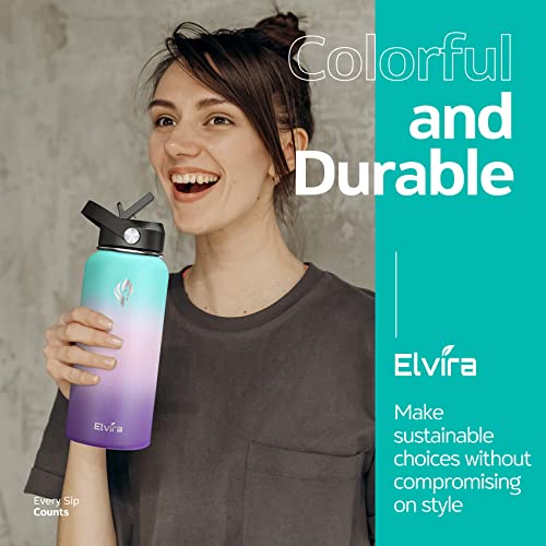 Elvira 32Oz Vacuum Insulated Stainless Steel Water Bottle With Straw & Spout Lids, Double Wall Sweat-Proof Bpa Free To Keep Beverages Cold For 24Hrs Or Hot For 12Hrs-Green/Pink/Purple Gradient #TOP5