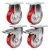 4 Inch Heavy Duty Casters, Swivel Caster Wheels, Polyurethane on Steel Wheel- Casters Set of 4 with 2000 lb Capacity, Caster Wheels for Furniture Workbench Cart (2 Brake & 2 Rigid)