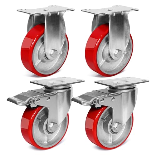 4 Inch Heavy Duty Casters, Swivel Caster Wheels, Polyurethane on Steel Wheel- Casters Set of 4 with 2000 lb Capacity, Caster Wheels for Furniture Workbench Cart (2 Brake & 2 Rigid)