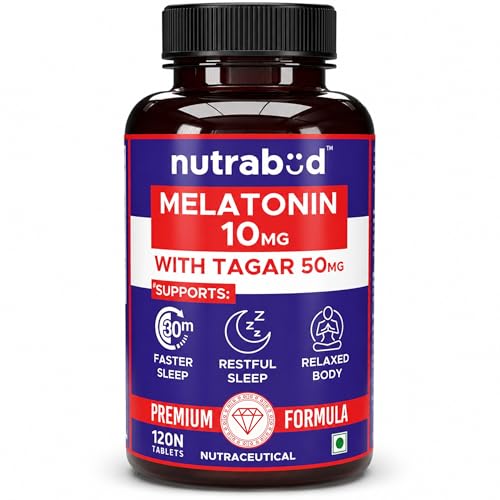 nutrabud Melatonin 10 Mg - 120 Veg Tablets - For Sleep Support,Nerve Relaxation,And Stress Relief - Non-Habit Forming For Men & Women (120 Count (Pack Of 1),Unflavoured),120 Capsule