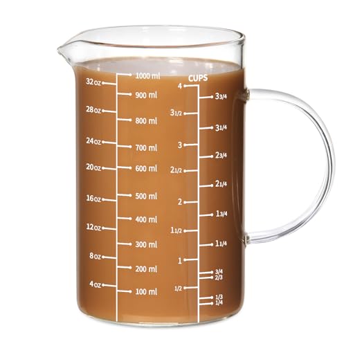 77L Glass Measuring Cup, [Insulated handle, V-Shaped Spout], High Borosilicate Glass Measuring Cup for Kitchen or Restaurant, Easy To Read, 1000 ML (1 Liter, 4 Cup)