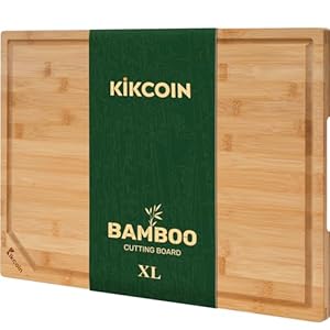 Bamboo Cutting Boards for Kitchen, Extra Large Wood Cutting Board with Deep Juice Groove and Handle Heavy Duty Chopping board, Kikcoin, 17.6″ x 12″