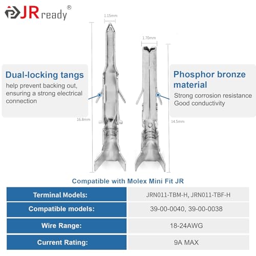Image of JRready ST6490 Mini-Fit Jr. Dual Row 2 4 6 8 Pin Connector kit, w /Terminal Pin 18-24 AWG, Molex Extraction Tool, Compatible with Molex Mini-Fit Jr. Connector,4.2mm Pitch, 445 Pcs
