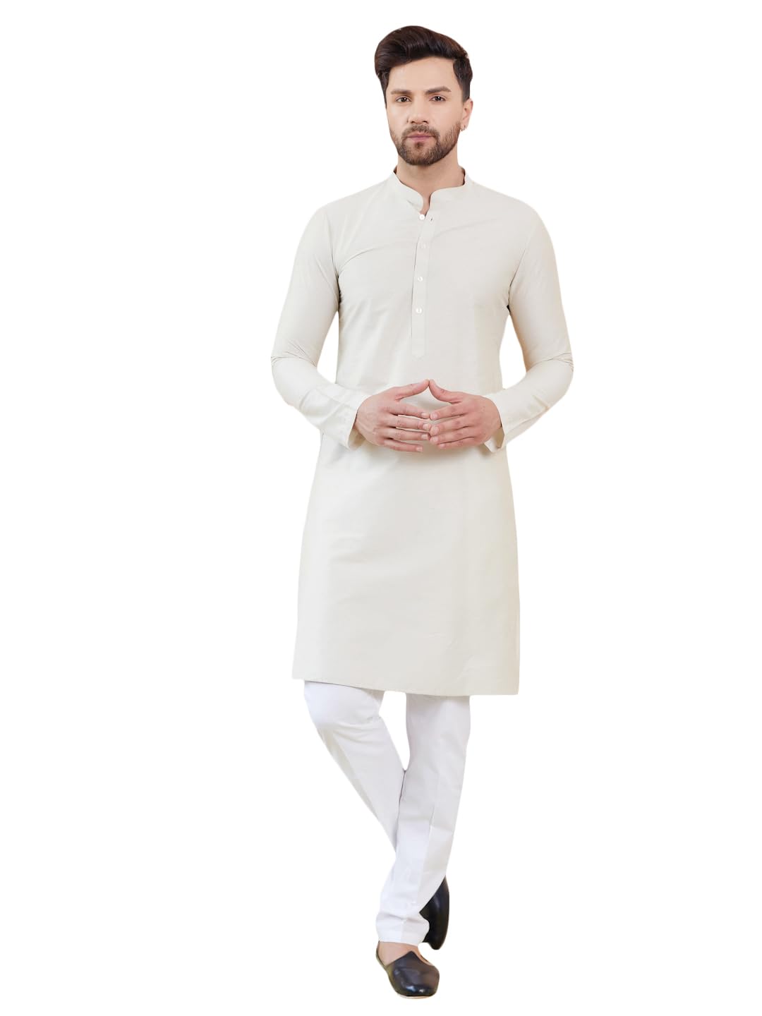 See Designs Men Full Sleeve Sleeve Side Slit Mandarin Collar Cream Cotton Solid Straight Kurta With Pyjama - Sdkt247501Xl