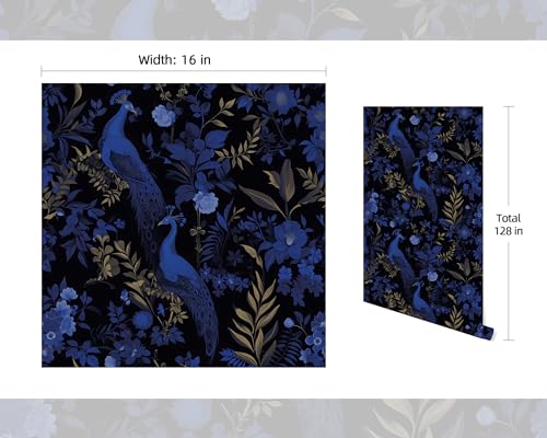 FLFK Black and Dark Blue Peacock Wallpaper,Peel and Stick Wall Mural for Living Room, Bedroom, Kitchen, Office, Apartment Decor 16"x128"