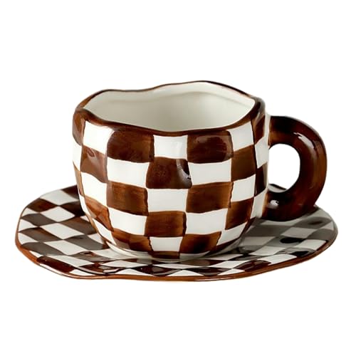 300ml/10oz Creative Personalized Ceramic Mug Cute Girl Coffee Cup Set-Hand held checkered cup and dish brown-201-300ml