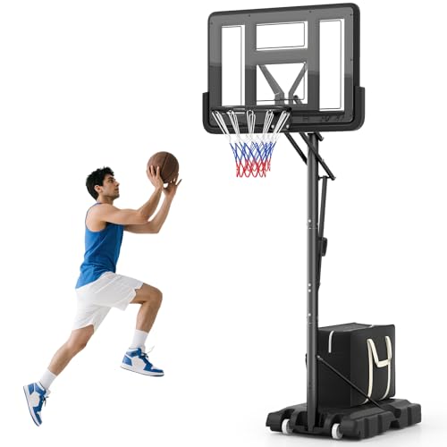 GYMAX Panier Basket Extérieur pour Adultes Adolescents, Hauteur Réglable 143-305 cm, Mobile avec Roues, Base Stable Remplissable avec Sac de Poids