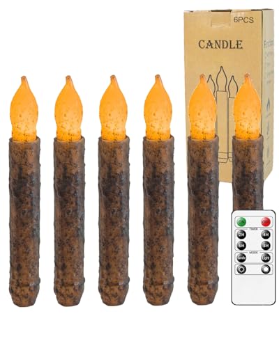 Image of 6.5'' Primitive Candles with Timer Remote for Primitive Decor | Hand Dipped Rustic Real Wax Primitive Taper Candles for Vintage Home Kitchen, Country Room, Christmas Halloween Decor