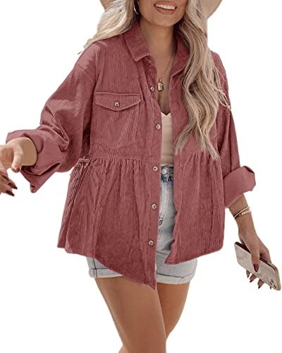 Tutorutor Womens Corduroy Shirts Casual Long Sleeve Button Down Blouses Tunic Babydoll Dress Loose Pocket Jacket Shackets Pink