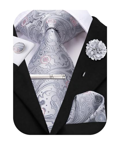 Image of Hi-Tie Silver Grey Pink Silk Neckties Set for Men Jacquard Necktie and Pocket Square Lapel Pin Silver Tie Clip Cufflinks Set Wedding Business 6PCS