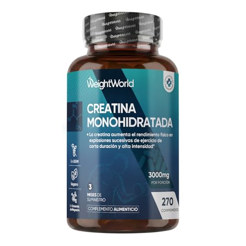 Creatina Monohidratada 3000mg - 270 Comprimidos - Para Masa Muscular Aumento Rápido, Fuerza y Resistencia Física en Entrenos - Suplemento Deportivo Potenciador para Hombre y Mujer, Vegano y Sin OGM-image
