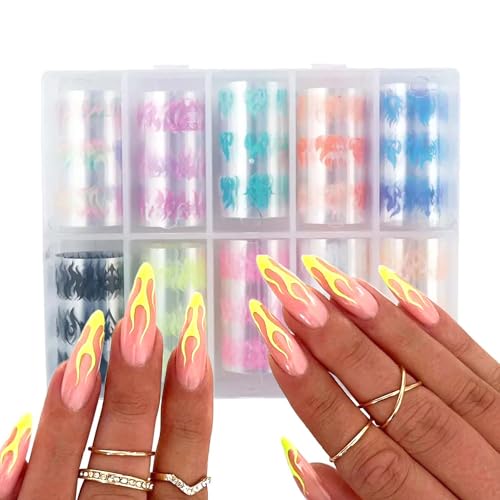 SILPECWEE 10 Rolls Flame Nail Foil Holographic Nail Art Foil Colorful Nail Transfer Foils Paper Flame Manicure Stickers Decals Fingernail Wraps for DIY Salon Decoration