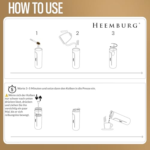 HEEMBURG French Press To Go 430 ml Edelstahl doppelwandig isoliert | auslaufsichere Reise Kaffeepresse | Thermo French Press bruchsicher | Mini Kaffeepresse Reise To Go ohne Strom für 1–2 Tassen