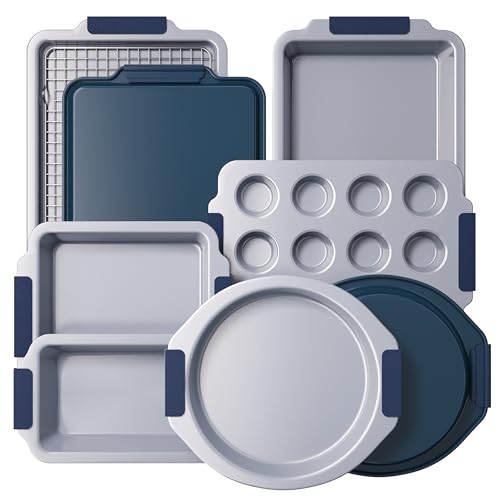BRONYPRO Nonstick Ceramic Bakeware Set (9 Pieces),Heavy Duty Aluminized Steel Bakeware-Baking Pans Set with Silicone Handles,Includes Sheet Pans,Loaf Pan,Muffin pan,Cake pans,PTFE & PFOA Free - Blue
