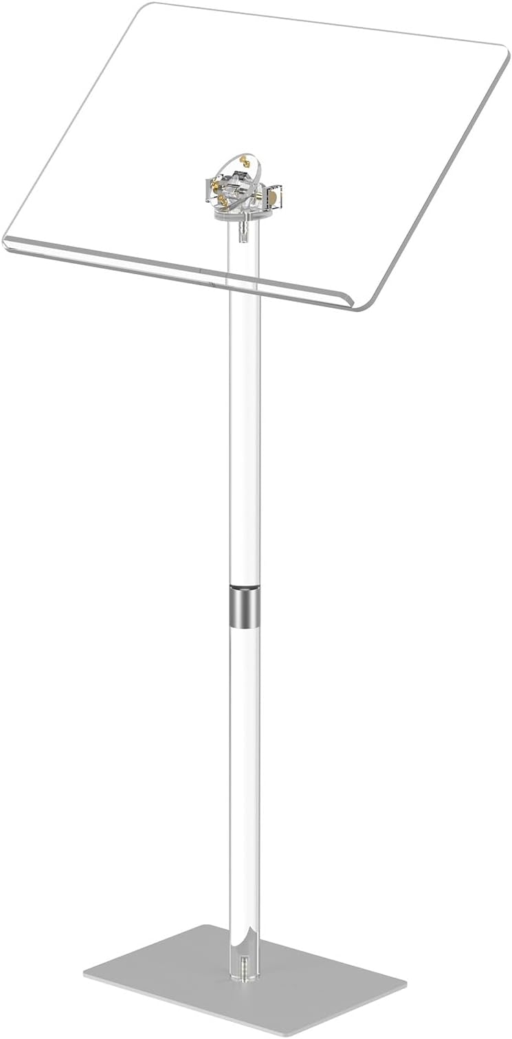 HMYHUM Acrylic Podium Stand, Angle Adjustable, Modern Lecterns & Pulpits for Classroom, Concert, Church, Speech, Easy Assembly, Metal Base, 23.6" L x 15.7" W x 42.3" H, Clear
