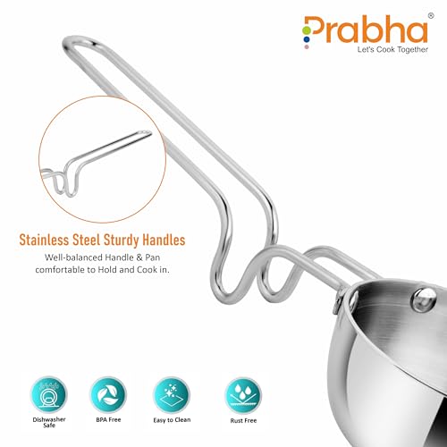 Image of Prabha Tadka Pan Stainless Steel 12.5cm Tadka Pan 550ml | Small Tri-ply Tadka Pans Gas & Induction Base | Kitchen TadkaPan with Handle | Chowka Pan Cooking, Frying Dal /Spices-Silver