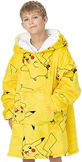 Pokemon Kids Oversized Blanket Hoodie | Boys Girls Pikachu OR Pokeball Design | Game Double Lined Sherpa Fleece Yellow Sweatshirt | One Size Sweater Big Pocket