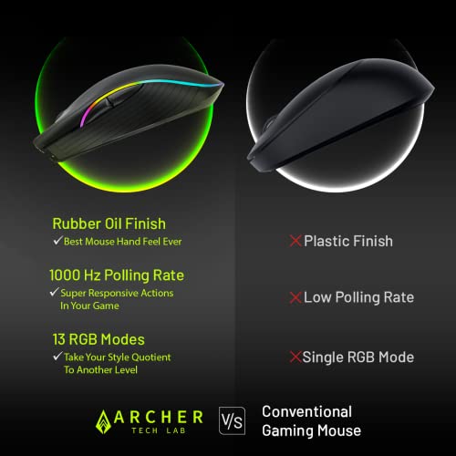 Image of archer Tech lab Recurve 200 Rubber Oil Finish Wired Gaming Mouse,Adjustable 12800 Dpi&7 Buttons,13 Color Breathing RGB,Gaming Sensor with 1000Hz Polling Rate,Compatible with Pc /Mac - Black