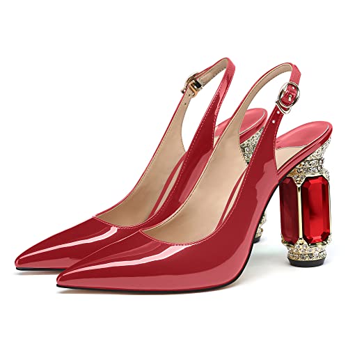 Image of JANSEVEN Women Chunky Heels Pumps Crystal Block Heels with Rhinestones Pointed Toe Sexy Gradient Patent Leather Slip on Bridal Party Wedding Dress Shoes 5-13 M US