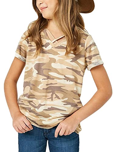 Image of Girls Camouflage Stripe Short Sleeve Shirts V Neck Criss Cross Tees Sweat Kids Casual Sport Tops Blouse(4-15T)