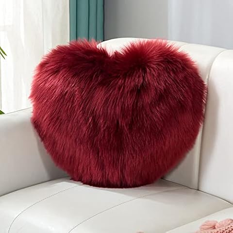 Nunubee Faux Fur Cushion Covers,Throw Pillow Case,Soft Heart Decorative Cute Pillow Plush Case Room Sofa Bedroom,Burgundy #62,40*40cm Cover