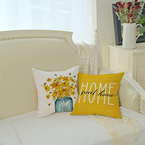Geeory Pillow Covers 18 X 18 Set Of 4 Yellow Floral Mason Jar Home Sweet Home Spring Summer Pillows Decorative Throw Pillows Cushion Case Floral Decorations Farmhouse Decor For Couch Sofa #TOP3