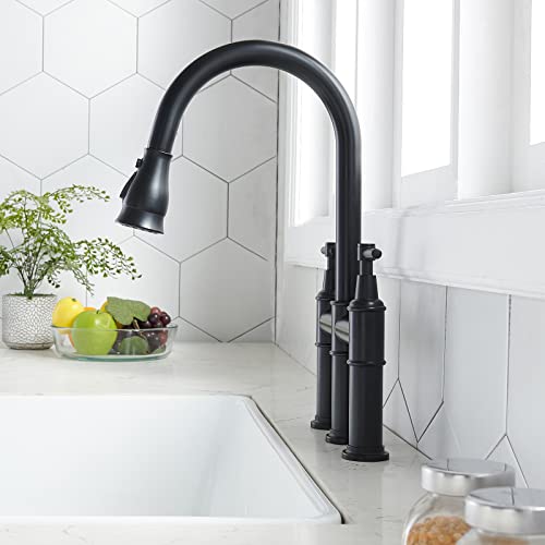 Shaco Black Bridge Kitchen Faucet, 3 Hole Farmhouse Kitchen Faucet With Pull Down Sprayer, Two Handle High Arc 360 Swivel Traditional Country Heritage Solid Faucets For Kitchen Sinks #TOP5