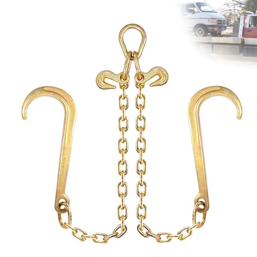 TKK Towing Chain Bridle5/16 X 2ft V-Bridle Tow Chain with 15 J-Hooks and Grab Hooks Grade 70 Safety Chains for Flatbed Trucks Yellow Zinc Plated 4900 lbs Capacity