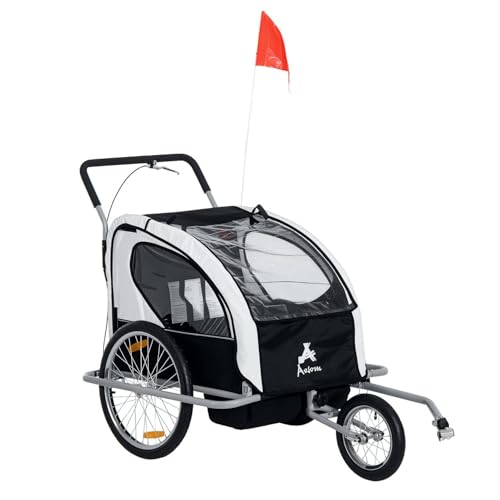 Aosom Elite Three-Wheel Bike Trailer for Kids Bicycle Cart for Two Children with 2 Security Harnesses & Storage, White
