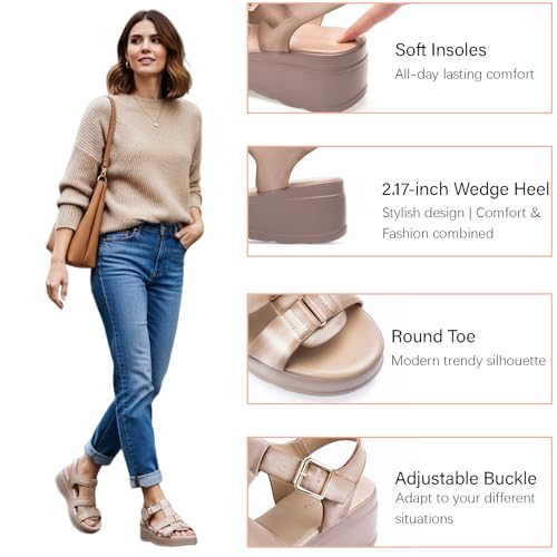 Image of Platform Sandals Women Chunky Wedge Sandals for Women Comfortable | Women's Flat Summer Shoes Round Open Toe with Arch Support Wide Strap Faux Leather Wedges for Beach Camping Travel Office