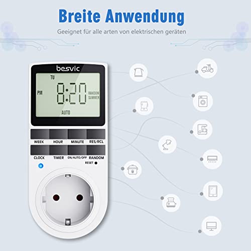 Digitale Zeitschaltuhr Steckdose, Besvic 3680W Timer Steckdose mit 10 täglichen konfigurierbaren Programmen, LCD Display und Anti-Theft-Zufallsmodus für Innen (1 Pack)