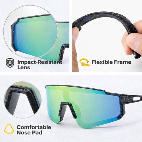 Youth Baseball Sunglasses for Boys Girls Age 6-12 Softball Cycling Sports Sunglasses for Kids Lightweight Frame, Black Frame - Green — view 3