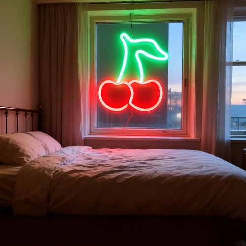 Image of Cherry LED Neon Light Sign Handmade Lamp for Wall Room Party Home Bar Art Christmas Bedroom Table Wedding Party Desktop Decoration Teen Kids Birthday Holiday Gift USB Powered(Red-Green)