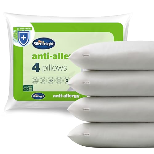 Silentnight Anti Allergy Pillows 4 Pack - Medium Support Anti-Bacterial Pillows for Side Back and Front Sleepers - Allergy UK Approved Fibres - Pack of 4 - Standard Size