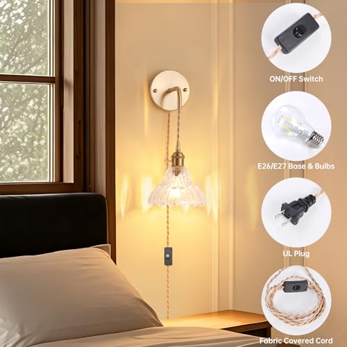 Image of Shenmoyl Vintage Plug in wall sconces Set of 2, 4.9FT Corded Wall Lamps with Clear Lily of The Glass Shade Hanging, sconces wall Decor for Bedroom Living Room Hallway Doorway
