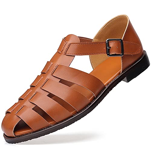 Men's Classic Leather Fisherman Sandals, Closed Toe, Buckle Closure