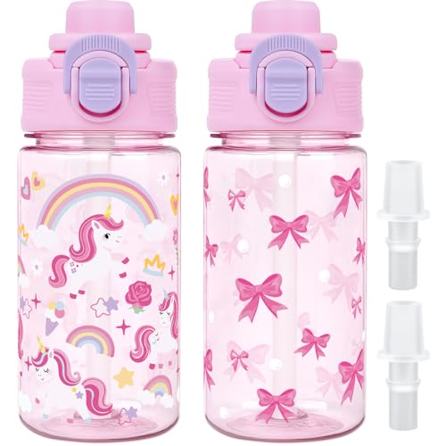 omedecal Kids Water Bottle with Bite & Sip Straw, Pink Unicorn/Bowknot