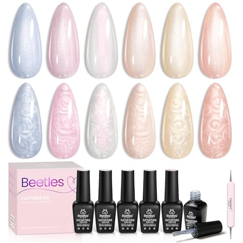 Beetles Gel Nail Polish,6 Colours Pearl Shimmer Mermaid White Pink Blue Glitter Shell Swirl Thread Effect Soak Off UV LED Gel for Salon Home DIY Manicure Gifts for Her