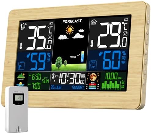 VOKSUN Wetterstation Funk mit Außensensor, Farbdisplay, Thermometer Hygrometer mit Wettervorhersage, DCF Funkuhr, Batteriebetrieb und Netzbetrieb(Holzmaserungsfarbe)
