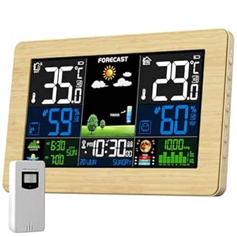 VOKSUN Wetterstation Funk mit Außensensor, Farbdisplay, Thermometer Hygrometer mit Wettervorhersage, DCF Funkuhr, Batteriebetrieb und Netzbetrieb(Holzmaserungsfarbe)