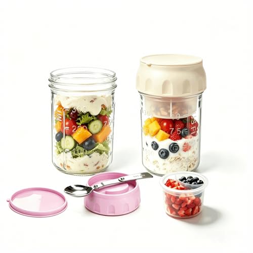 Image of Overnight Oats Containers with Lids and Spoon 2 Pack, 16oz Leakproof Glass Oat Over night Jar with Seperate Compartment for Fruit & Nuts, Mason Jars for Oatmeal Yogurt Chia Seed Pudding Meal Prep