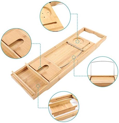 Bamboo Bathtub Caddy Tray Rack Shelf Extendable Spa Organizer Adjustable Bath Table with Folding Sides Natural Ecofriendly Wood Integrated Tablet Smartphone Wine Book Holders