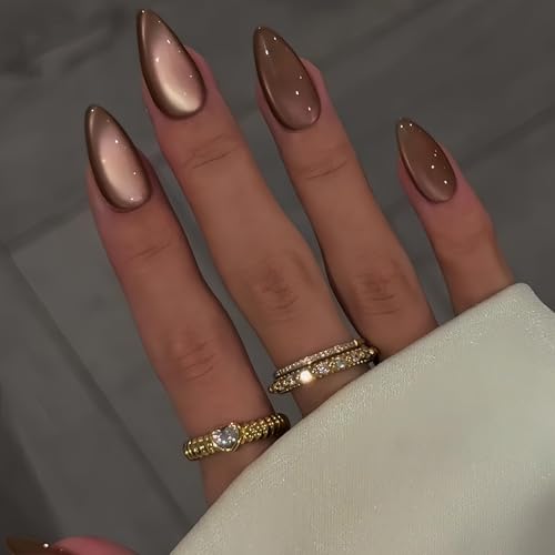 KQueenest Cat Eye Dark Brown Press on Nails Almond, Glitter Press on Nails Medium, Sparkly Shiny Soft Gel Fake Nails Set, Bling Chrome Coffee Glue on Nails Medium Stiletto for Women Small Hand 30 Pcs