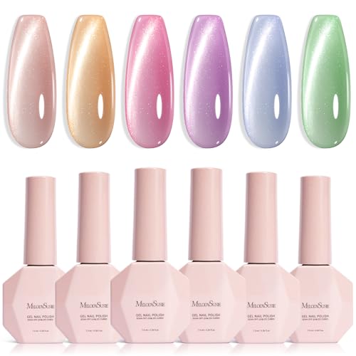 Image of MelodySusie Macaron Pink Blue Cat Eye Set Cat Eye Gel Nail Polish Set 6 Pcs, 0.26 Fl Oz Glitter Holographic Magnetic Nail Polish with Magnet, UV Nail Polish for Nail Art Manicure Salon DIY at Home