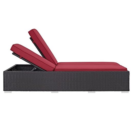 Modway Convene Wicker Rattan Outdoor Patio Upholstered Double Chaise Chair in Espresso Red