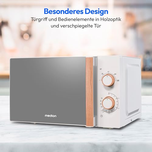 Foto von MEDION Mikrowelle klein (Holzoptik, Freistehend, 20 Liter, 700 Watt, Verspiegelte Tür, 5 Leistungsstufen, Auftaufunktion, Zeitschaltuhr, MD10596) weiß