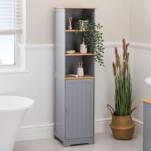 Image of CHRISTOW Tall Bathroom Cabinet, Wooden Grey & Bamboo Tallboy Unit, 3 Shelf Storage Cupboard
