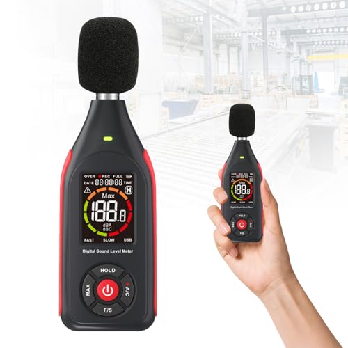 Sonometre, Decibelmetre Rechargeable 1000 mAh 17 V avec 31 000 Enregistrements de Données Sonometre Decibelmetre avec Plage de Mesure de 30 à 130 dB Sonomètre avec Fonction D'alarme 3 Couleurs